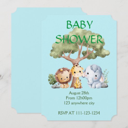 Blauer Elefant Giraffe Löwe Baby Shower Save The Date (Vorne/Hinten)