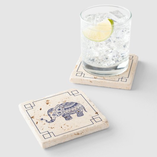 Blauer Elefant Illustration Einfache Rahmen Steinuntersetzer (Seitenansicht)