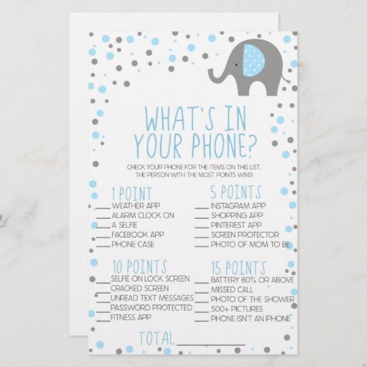 Blauer Elefant in Ihrem Telefon Baby Duschgame Briefpapier (Vorne/Hinten)