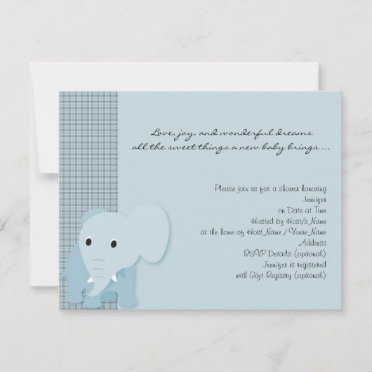 Blauer Elefant-karierte Baby-Duschen-Einladung Einladung (Vorderseite)