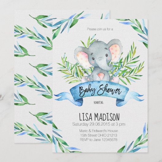 Blauer Elefant Kinderdusche Einladung (Vorne/Hinten)