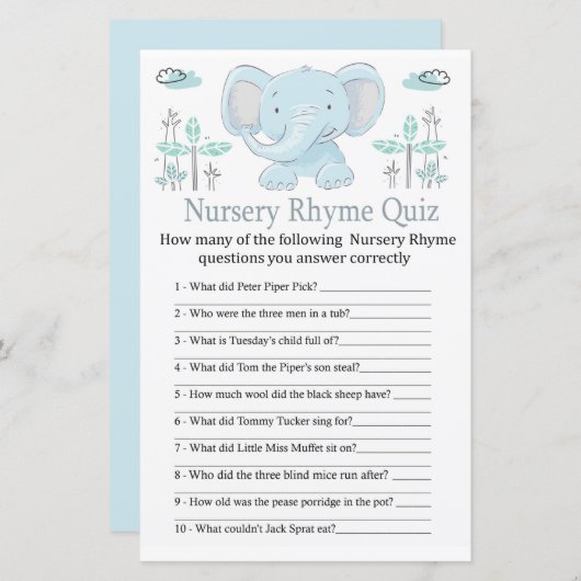 Blauer Elefant Kinderzimmer Rhyme Quiz Babydusche (Vorne/Hinten)