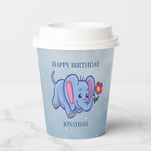 Blauer Elefant mit Blume Paper Cup Pappbecher (Rückseite)