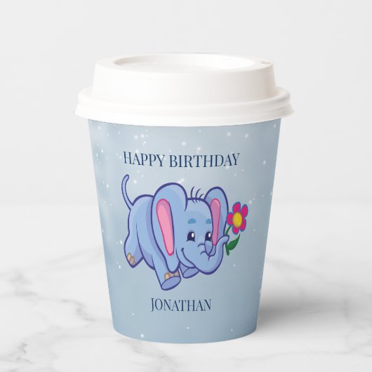 Blauer Elefant mit Blume Paper Cup Pappbecher (Vorderseite)