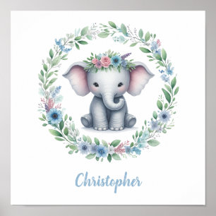 Blauer Elefant mit Blumengewinde Poster