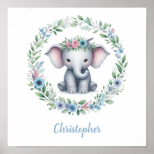Blauer Elefant mit Blumengewinde Poster (Vorne)