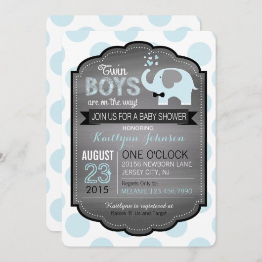 Blauer Elefant mit Bow-Krawatte Babydusche Einladu Einladung (Vorne/Hinten)