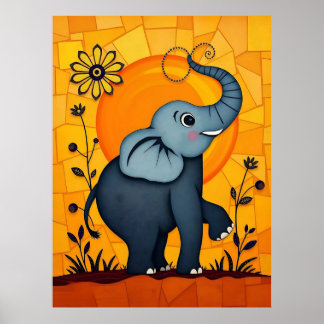 Blauer Elefant mit floralen Akzenten Poster