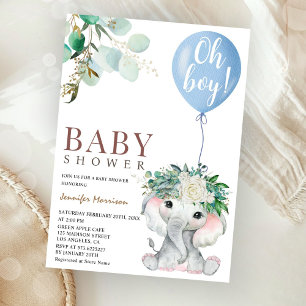 Blauer Elefant Oh Junge Ballon Baby Shower Einladung