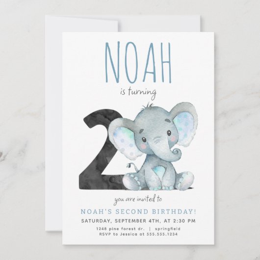 Blauer Elefant zum zweiten Geburtstag Einladung (Vorderseite)