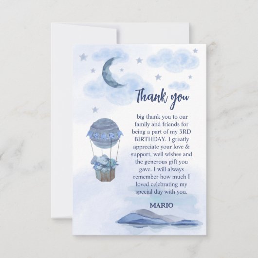 Blauer Elefantenballon niedliche Geburtstag Dankeskarte (Vorderseite)