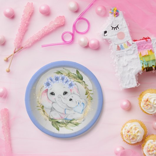 Blauer Elefantenjunge Geburt Eukalyptusrahmen  Pappteller (Party)