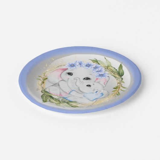 Blauer Elefantenjunge Geburt Eukalyptusrahmen  Pappteller (Schrägansicht)