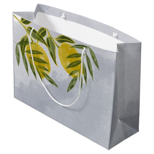 Blauer Elegant Botanischer Zitronenwald Große Geschenktüte (Rückseite Schrägansicht)