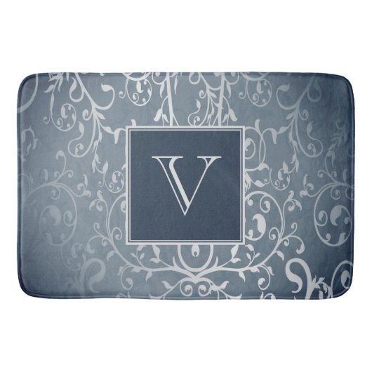 Blauer Elegant Geblüht Monogram Bath Mat Badematte (Vorderseite)
