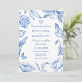 Blauer, elegante Hochzeit Einladung (Stehend Vorderseite)