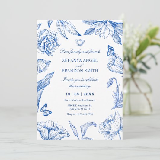 Blauer, elegante Hochzeit Einladung (Stehend Vorderseite)