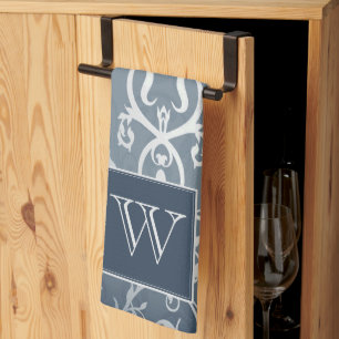 Blauer Eleganter Blüh Monogram Handtuch