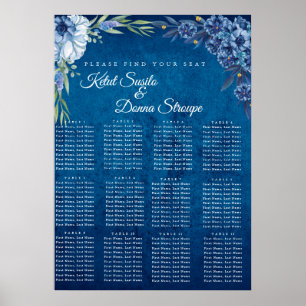 Blauer Eleganter Blumen-Sommer-Hochzeits-Sitzplan Poster
