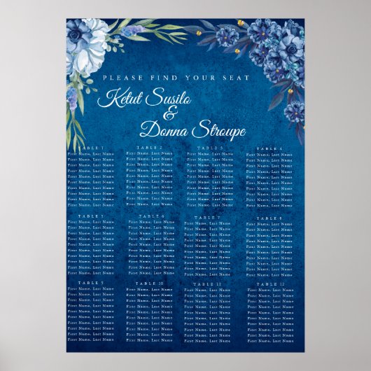 Blauer Eleganter Blumen-Sommer-Hochzeits-Sitzplan Poster (Vorne)