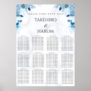 Blauer eleganter Blumen-Sommer-Hochzeits-Sitzplan  Poster