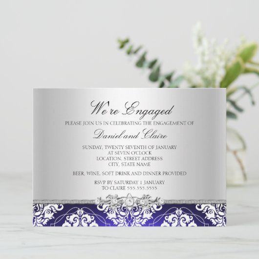 Blauer Eleganter Damaskus Einladung (Stehend Vorderseite)