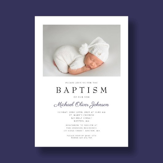 Blauer Eleganter Foto Boy Taufen Einladung