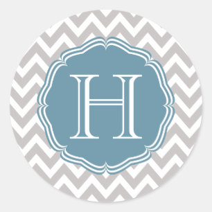 Blauer eleganter Monograma in chevrón grau Runder Aufkleber