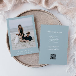 Blauer, eleganter Text und Foto Hochzeitsstichtcod Save The Date