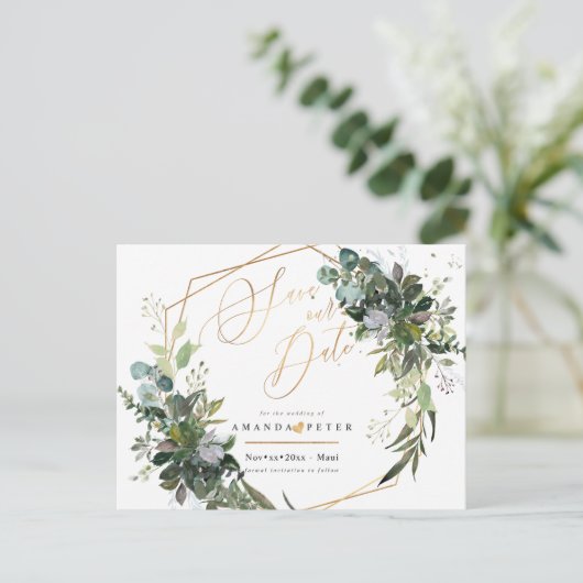 Blauer Eukalyptus, Grüne Save the Date Postkarte (Stehend Vorderseite)