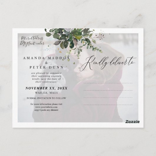 Blauer Eukalyptus, Grüne Save the Date Postkarte (Rückseite)