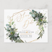 Blauer Eukalyptus, Grüne Save the Date Postkarte (Vorderseite)