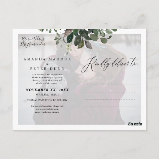 Blauer Eukalyptus, Grüne Save the Date Postkarte (Rückseite)