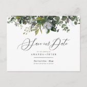 Blauer Eukalyptus, Grüne Save the Date Postkarte (Vorderseite)