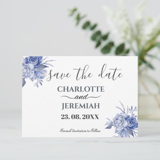 Blauer Eukalyptus Wasserfarben Blumenblättern Save The Date (Stehend Vorderseite)