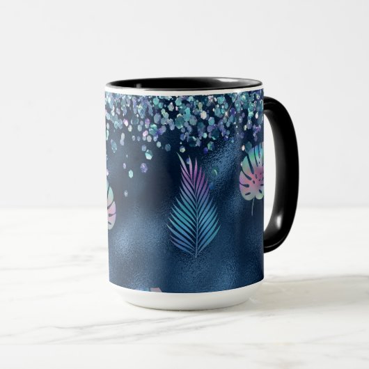 Blauer falscher Glitter & passende Blätter Tasse (VorderseiteRechts)