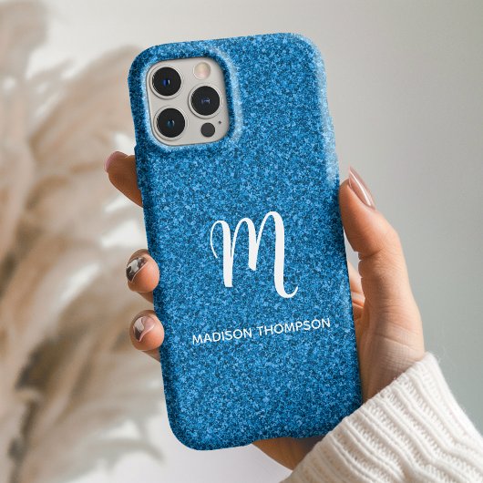 Blauer falscher Glitter personalisiertes Monogramm Case-Mate iPhone Hülle