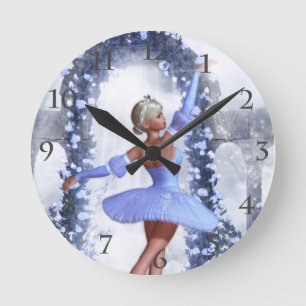 Blauer Fantasy Ballerina mit Rose Blume Runde Wanduhr