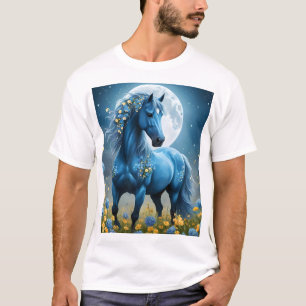 Blauer Fantasy-Zauberpferd-Mond-Blumen, T-Shirt