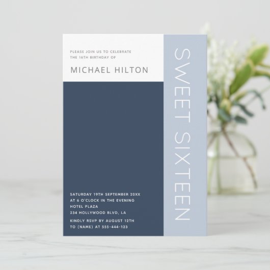Blauer Farbblock 16 . Geburtstag Einladung (Stehend Vorderseite)