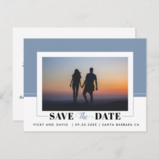 Blauer Farbblock Hochzeit Speichern Sie das Date-F Postkarte (Vorne/Hinten)