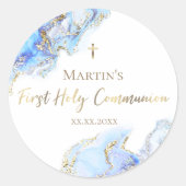 Blauer Farbmarmor Erste Heilige Kommunion Runder Aufkleber (Vorderseite)