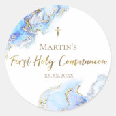 Blauer Farbmarmor Erste Heilige Kommunion Runder Aufkleber (Vorderseite)