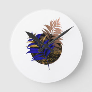 Blauer Farn im schwarzen Kreis Runde Wanduhr