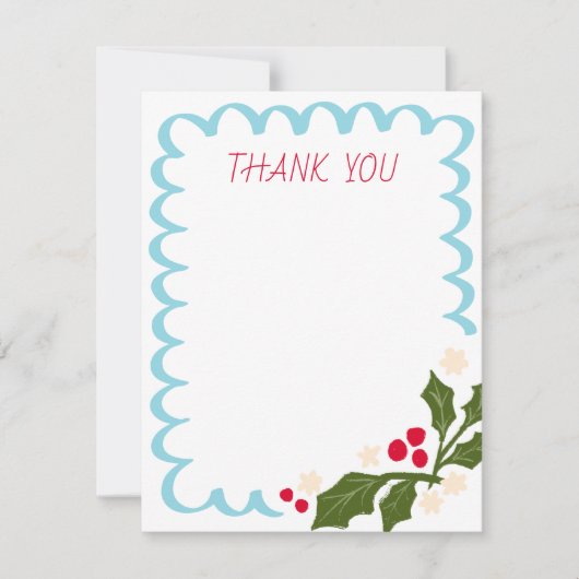 Blauer festlicher Scallop-Rahmen mit Holly Dankeskarte (Vorderseite)