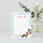 Blauer festlicher Scallop-Rahmen mit Holly Dankeskarte (Stehend Vorderseite)