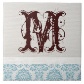 Blauer Filigree Damask Monogram Display Tile Fliese (Vorderseite)