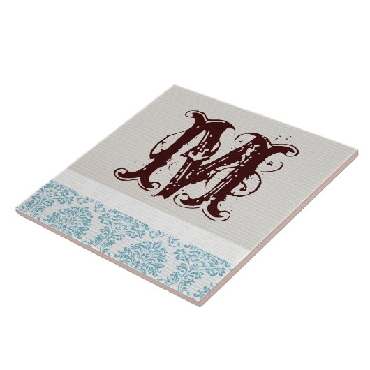 Blauer Filigree Damask Monogram Display Tile Fliese (Seite)