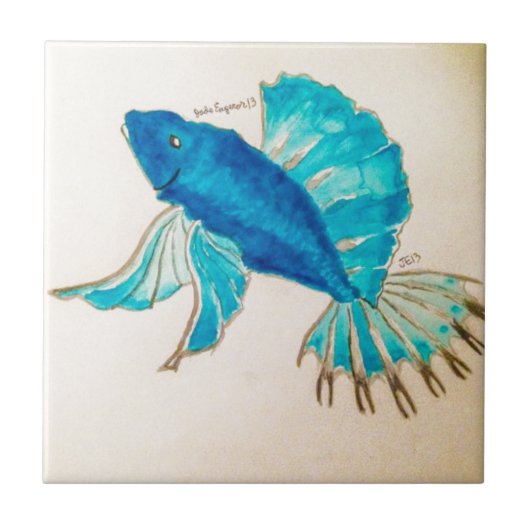 Blauer Fisch Aquarell Fliese (Vorderseite)
