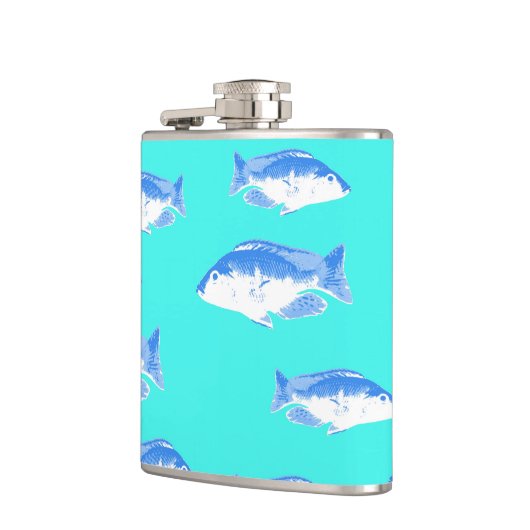 Blauer Fisch auf Türkis Flachmann (Links)